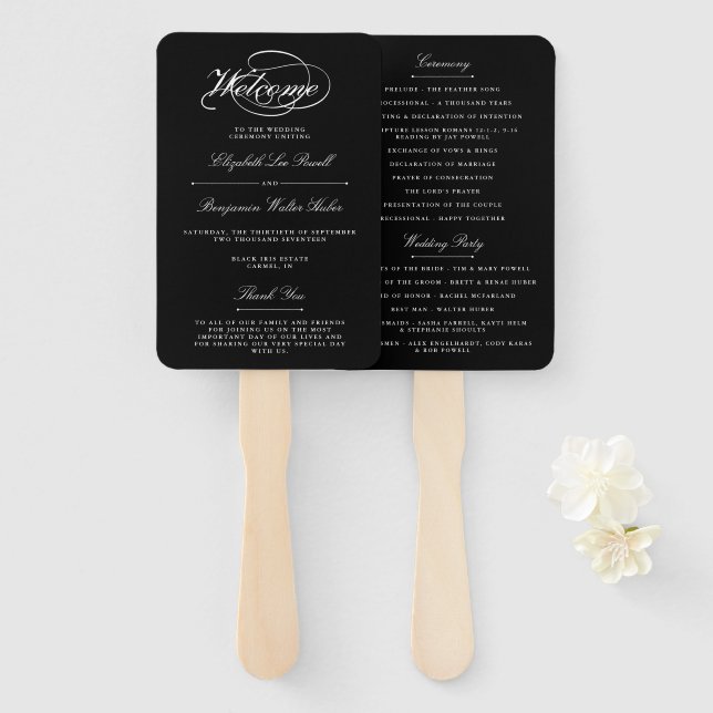 Abanico Programa Elegante de Boda en Guión Blanco y Negro (Anverso y reverso)