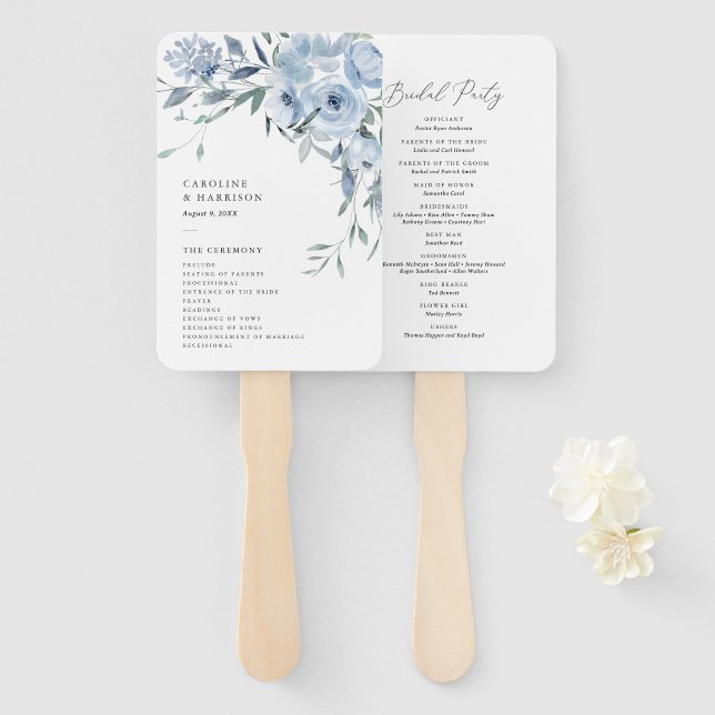 Abanico Programa Elegante de Boda Floral Azul Dusty (Anverso y reverso)