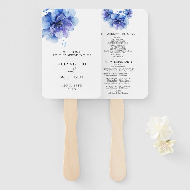 Abanico Programa Elegante de Boda Floral Azul Dusty (Anverso y reverso)