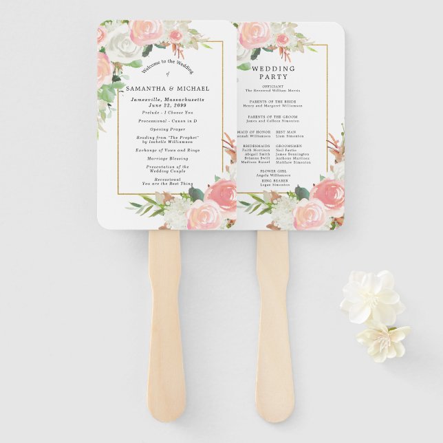 Abanico Programa Elegante de Boda Floral Blanca Rosa (Anverso y reverso)