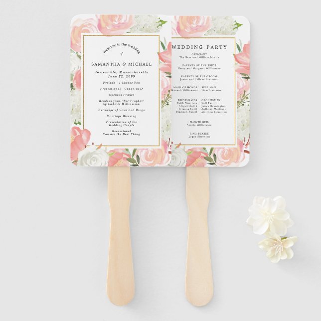Abanico Programa Elegante de Boda Floral Blanca Rosa (Anverso y reverso)