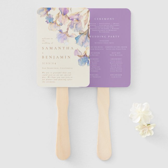 Abanico Programa Elegante de Boda Floral Iris (Anverso y reverso)