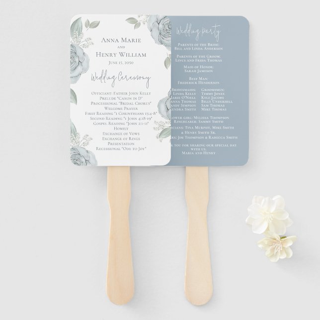 Abanico Programa Elegante de Bodas Dusty Blue Floral (Anverso y reverso)