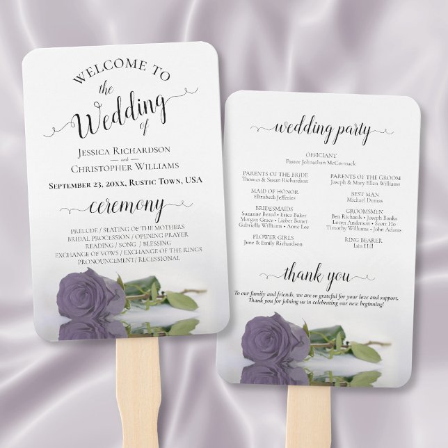 Abanico Programa Elegante de Bodas Rosa Púrpura Dusty (Front/Back)