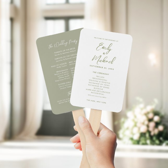 Abanico Programa Elegante de Caligrafía Sage Green Wedding (Elegant calligraphy sage green and white wedding program hand fan)