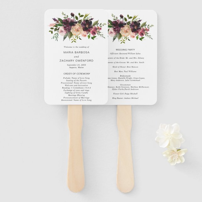Abanico Programa Elegante Morado Burgundy Floral Wedding (Anverso y reverso)