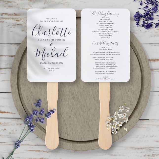 Abanico Programa Elegante Navy Blue Signature Script Weddi (Elegant Navy Blue Signature Script Wedding Program Hand Fan)