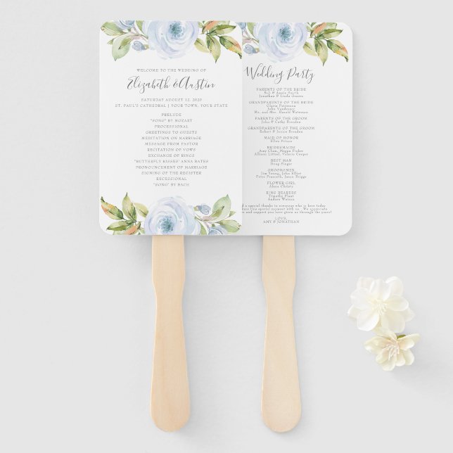 Abanico Programa Elegante Primavera Floral Dusty Blue Wedd (Anverso y reverso)