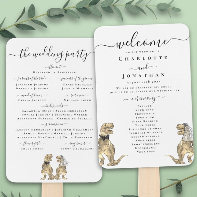 Abanico Programa en Blanco y Negro de Ceremonia de Boda de (T-Rex bride and groom funny dinosaur wedding ceremony program fan Elegant modern script )