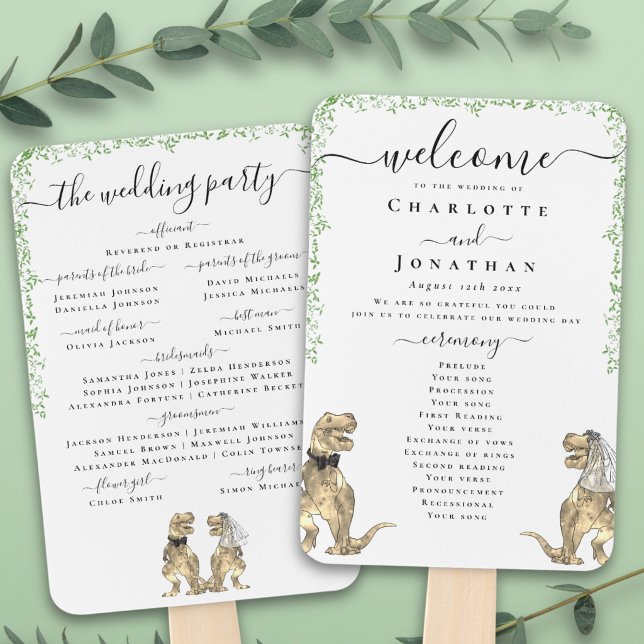 Abanico Programa en Blanco y Negro de la Ceremonia de Boda (T-Rex bride and groom funny dinosaur wedding ceremony program fans)