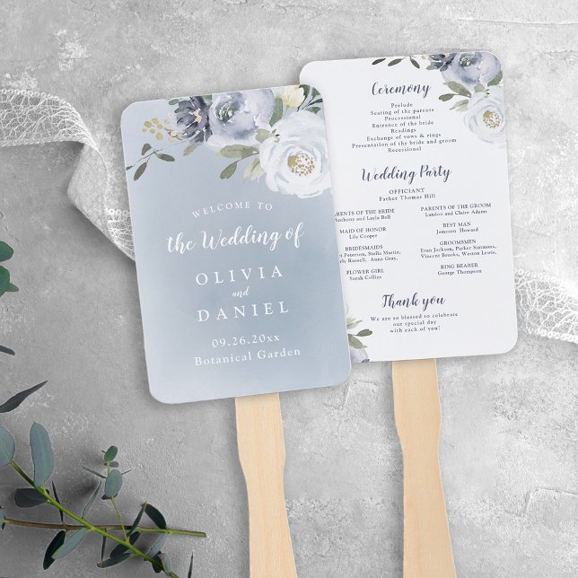 Abanico Programa floral azul polvoriento botánico florecie (Blooming botanical dusty blue floral program hand fan)