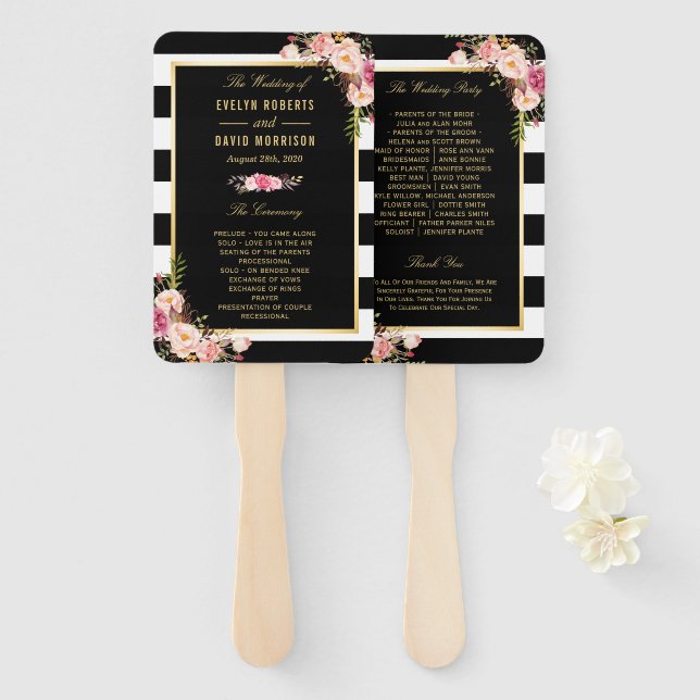 Abanico Programa Floral Black White Stripes Classic Weddin (Anverso y reverso)