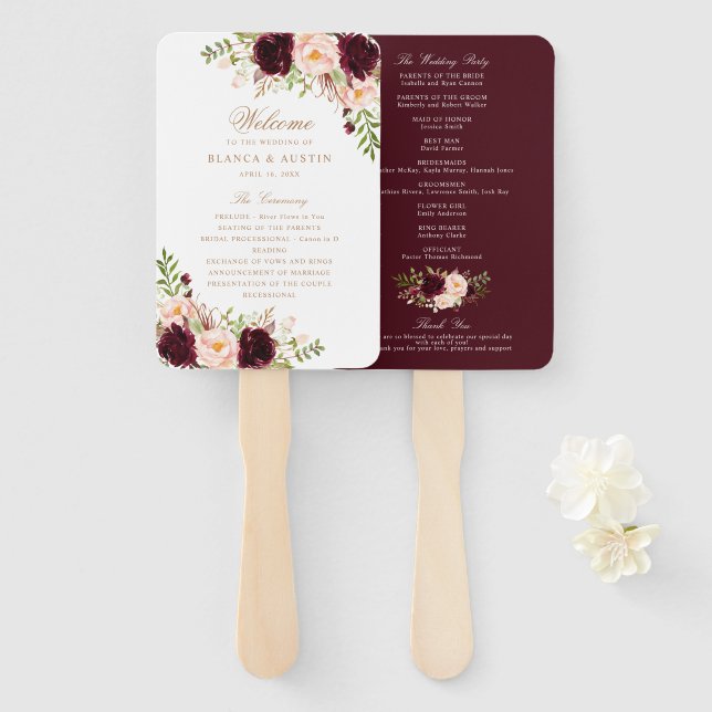 Abanico Programa Floral Burgundy Rubor Elegant Gold Weddin (Anverso y reverso)