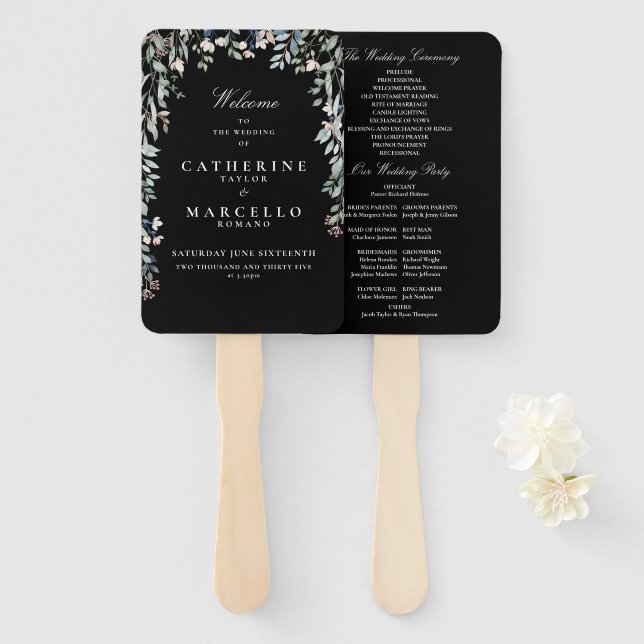Abanico Programa Floral De Matrimonio Blanco Y Negro (Anverso y reverso)