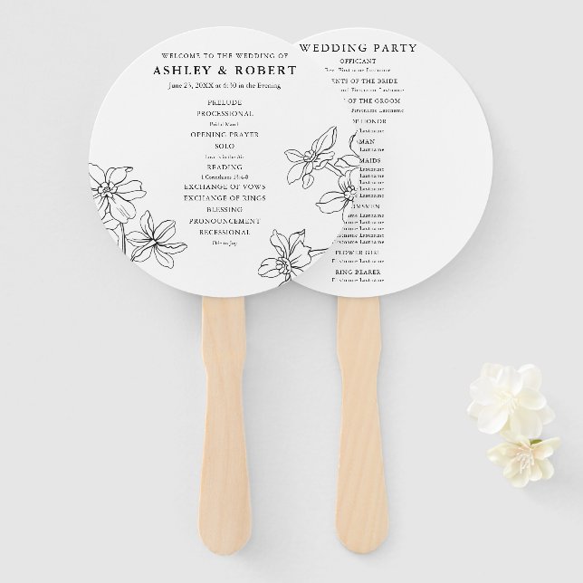Abanico Programa Floral Moderno de Bodas Blancas y Negra (Anverso y reverso)