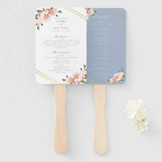 Abanico Programa Floral Rubor Gold Dusty Blue Wedding (Anverso y reverso)