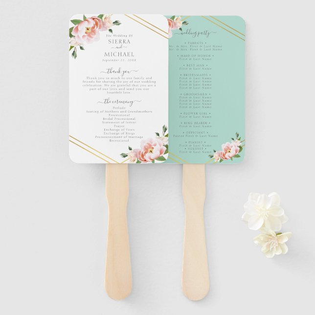 Abanico Programa Floral Rubor Gold Mint Green Wedding (Anverso y reverso)