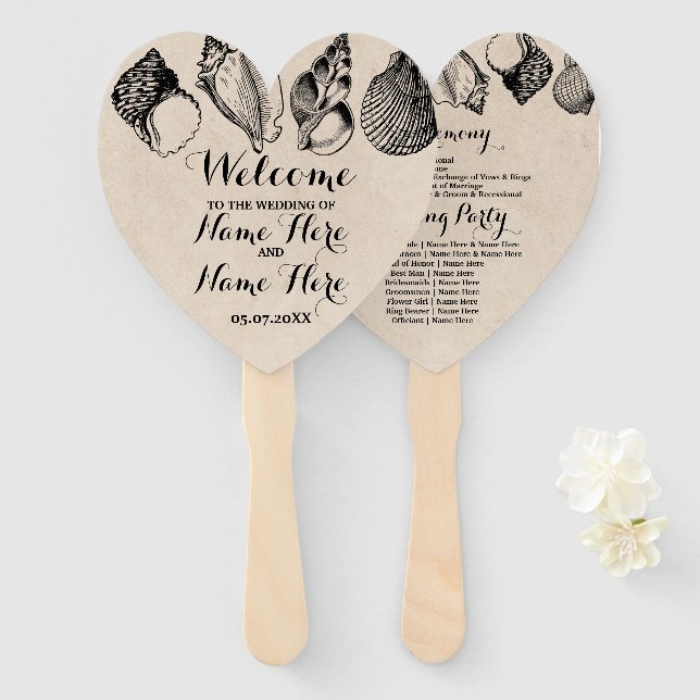 Abanico Programa Hand Fan Shells Beach Wedding Sea (Anverso y reverso)