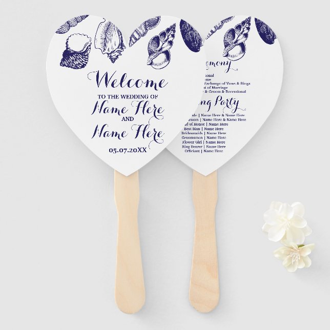 Abanico Programa Hand Fan Shells Beach Wedding Sea (Anverso y reverso)