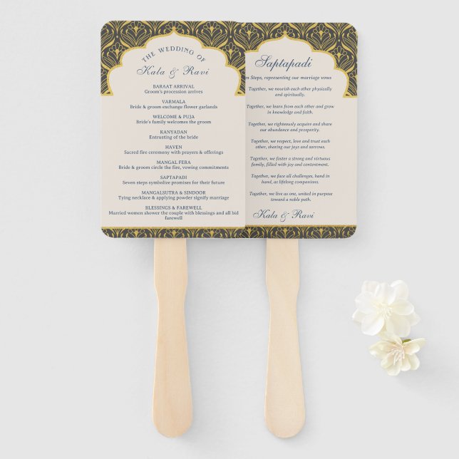 Abanico Programa hindú de bodas de oro Saptapadi (Anverso y reverso)