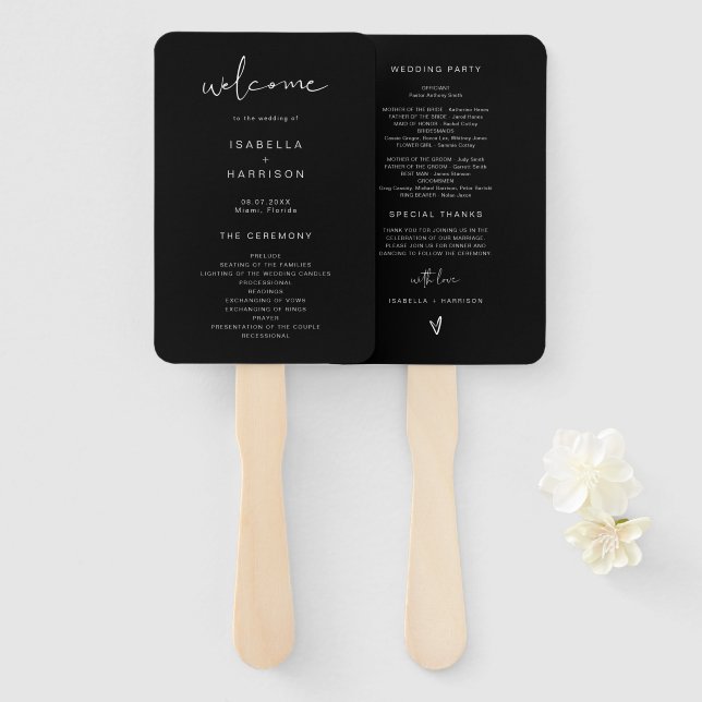 Abanico Programa JOVI Edgy Modern de la Boda Negra Minimal (Anverso y reverso)