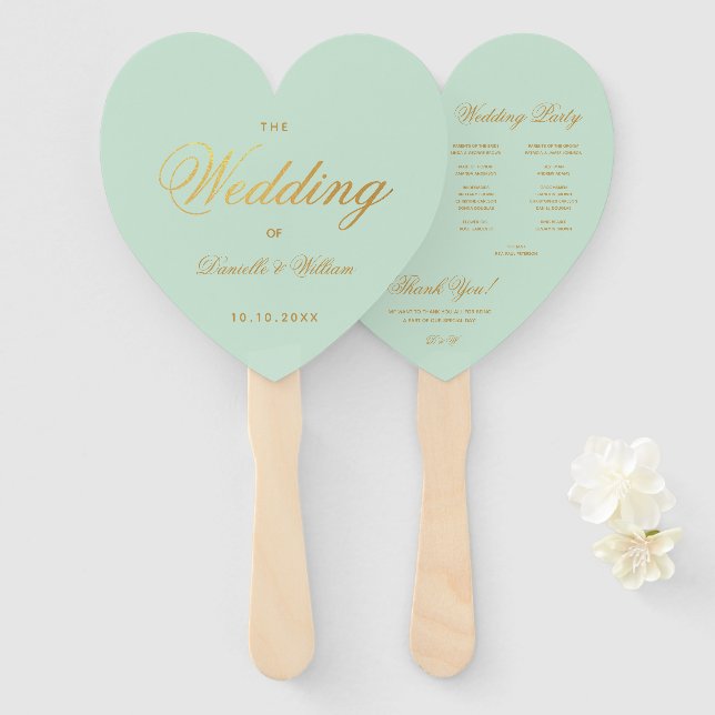 Abanico Programa Mint Wedding Faux Gold Script Green Heart (Anverso y reverso)