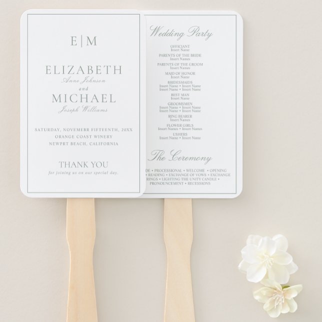 Abanico Programa moderno de bodas con escritura verde en m (Wedding Program Hand Fan)