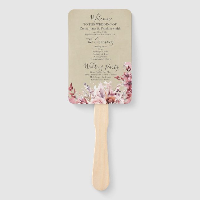 Abanico Programa moderno de casamiento rosa rosado con pol (Anverso)
