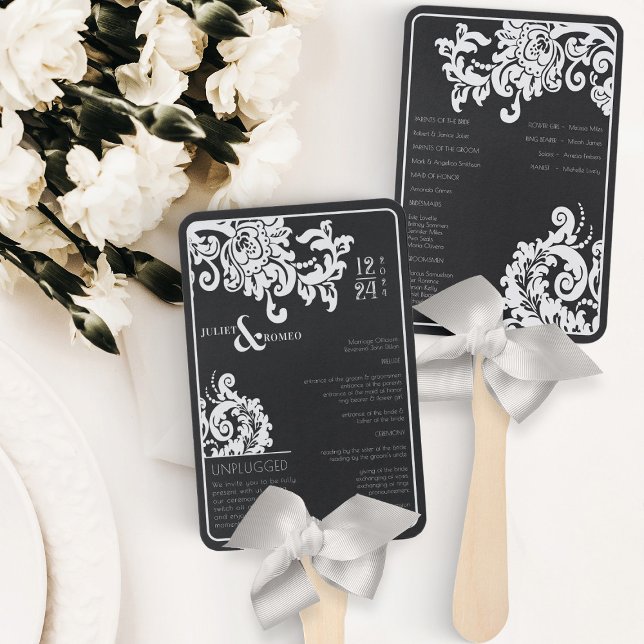Abanico Programa moderno de matrimonio de damasquetes de f (modern black and white wedding program for unplugged wedding beautiful floral damask)