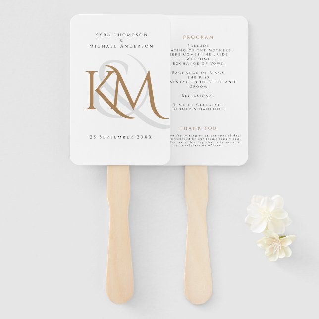 Abanico Programa Monograma White Gold Modern Simple Weddin (Anverso y reverso)