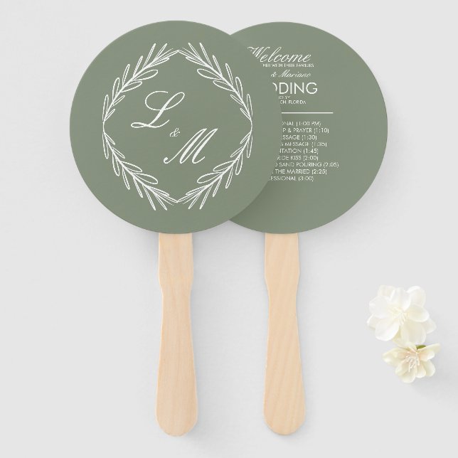 Abanico Programa Monogramed Elegant Script Branch Wedding (Anverso y reverso)