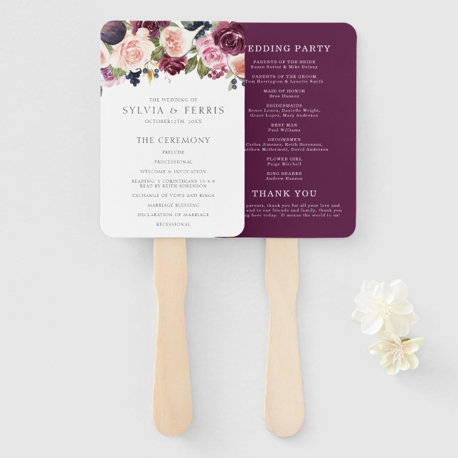 Abanico Programa Moody Plum Floral y Fig Wedding (Anverso y reverso)