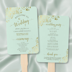 Abanico Programa Ornate Mint Green & Gold Elegant Wedding