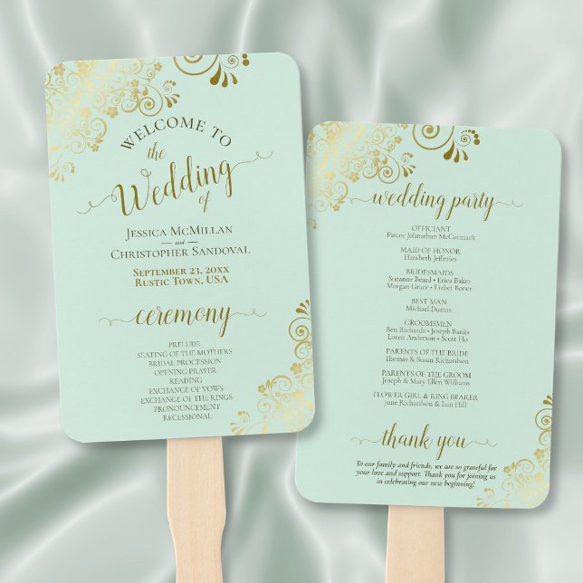 Abanico Programa Ornate Mint Green & Gold Elegant Wedding (Front/Back)
