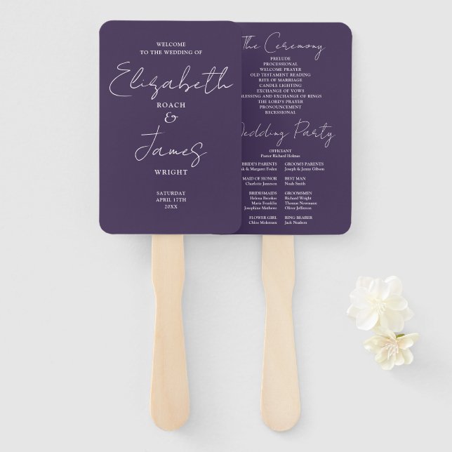 Abanico Programa Purple Minimalista Script Wedding (Anverso y reverso)