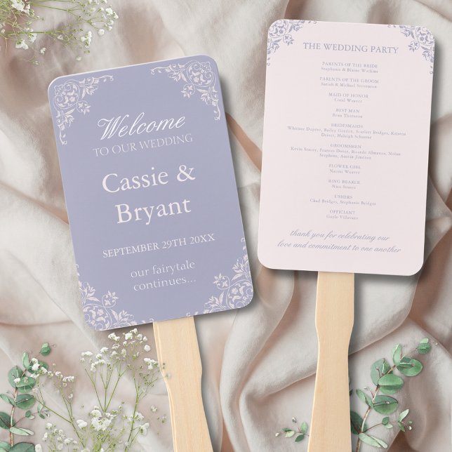 Abanico Programa Romántico de Boda de Ventiladores Lilac F (Elegant lavendar purple french lilac wedding program fans with romantic bridgerton vintage pink)