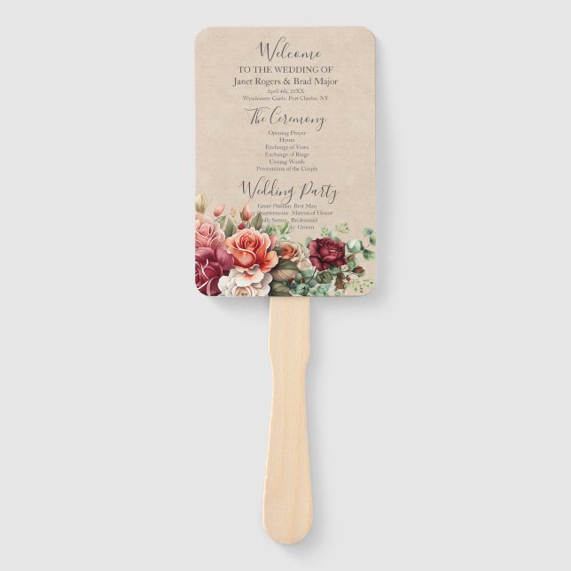 Abanico Programa Romántico Rosa Floral Eucalyptus Wedding (Anverso)