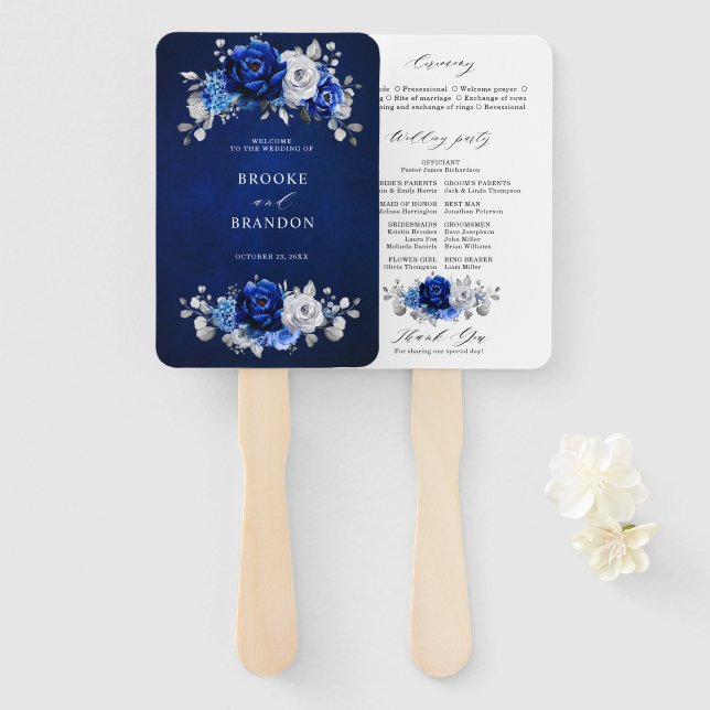 Abanico Programa Royal Blue White Silver de Boda Floral (Anverso y reverso)