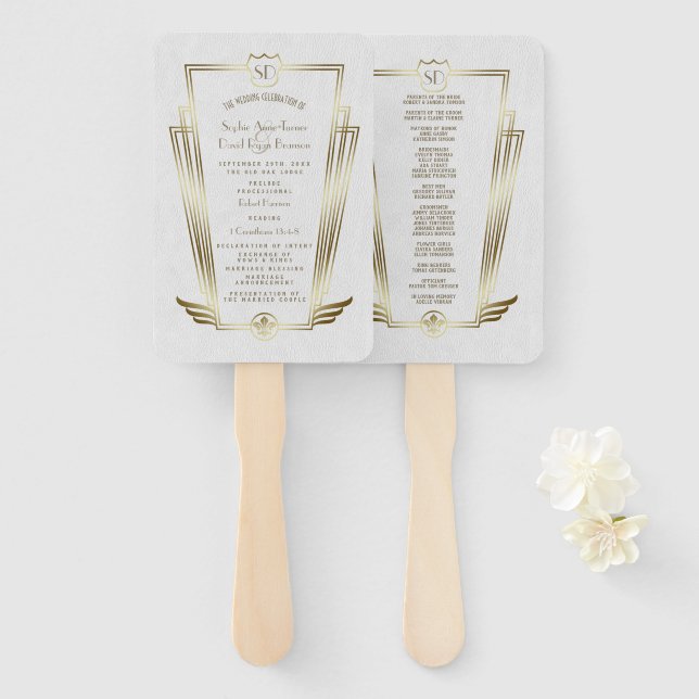 Abanico Programa Royal Gold Art Deco Monograma Wedding (Anverso y reverso)