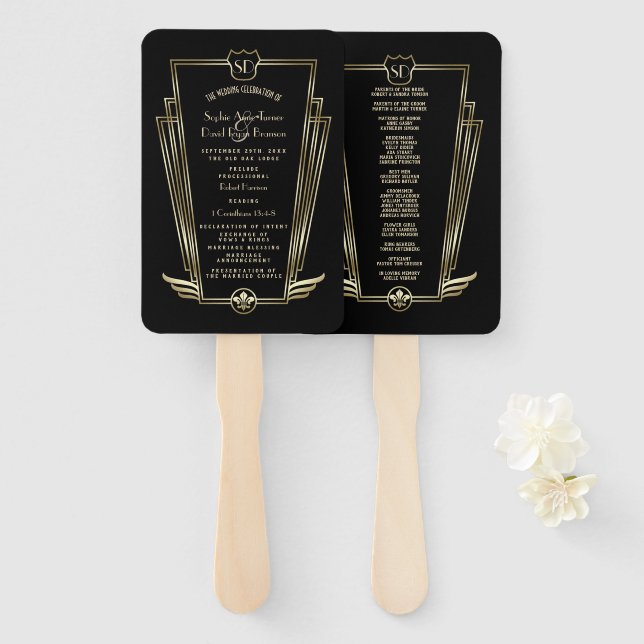 Abanico Programa Royal Gold Black Art Deco Monograma Weddi (Anverso y reverso)