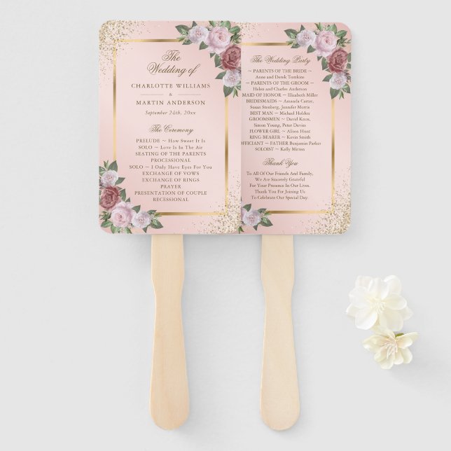 Abanico Programa Rubor Pink Gold Confetti Floral Wedding (Anverso y reverso)