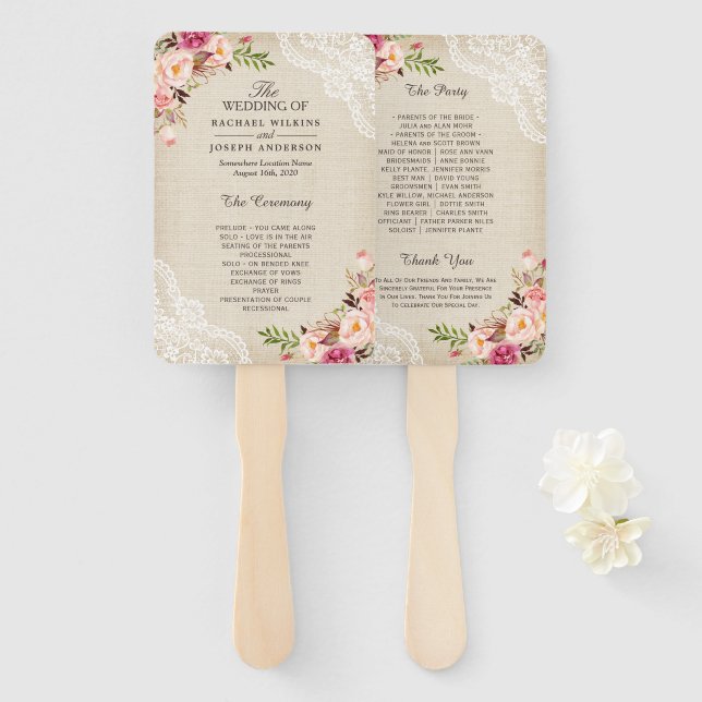 Abanico Programa Rústico de Boda Floral Lace Burlap (Anverso y reverso)