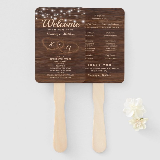 Abanico Programa Rústico de Bodas Cardíacas de Madera tall (Anverso y reverso)