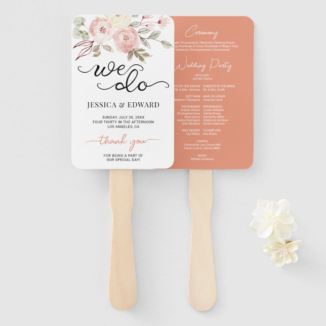 Abanico Programa Salmon Floral Elegante Boda Oscura (Anverso y reverso)