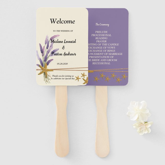 Abanico Programa simple de casamiento con estrellas de bon (Anverso y reverso)