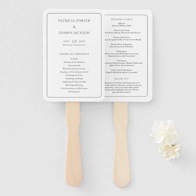 Abanico Programa simple de matrimonio elegante en blanco y (Anverso y reverso)