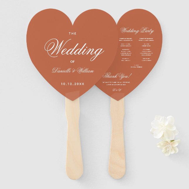 Abanico Programa Terracotta Heart Elegant Script Wedding (Anverso y reverso)