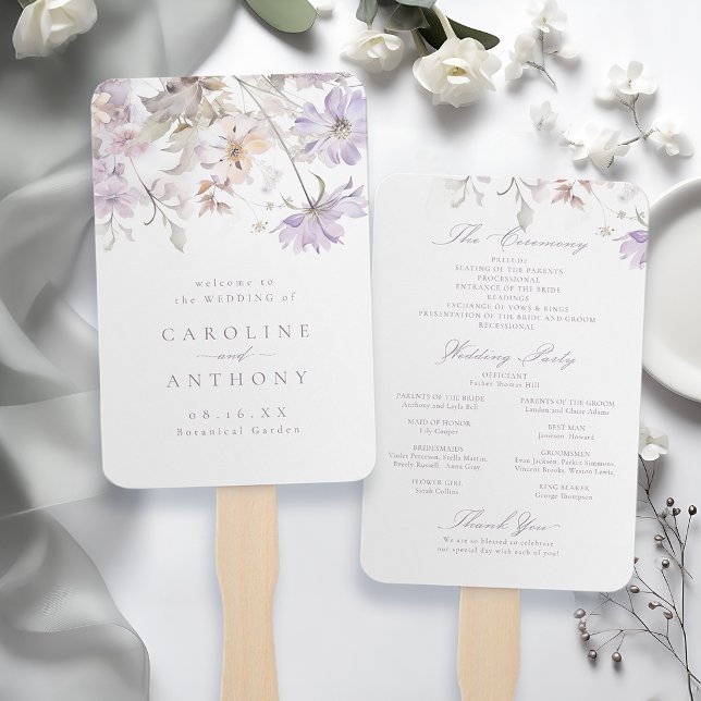 Abanico Programas de Boda Boho Florales Elegantes Morados (Purple Elegant Floral Boho Wedding Programs Hand Fan)