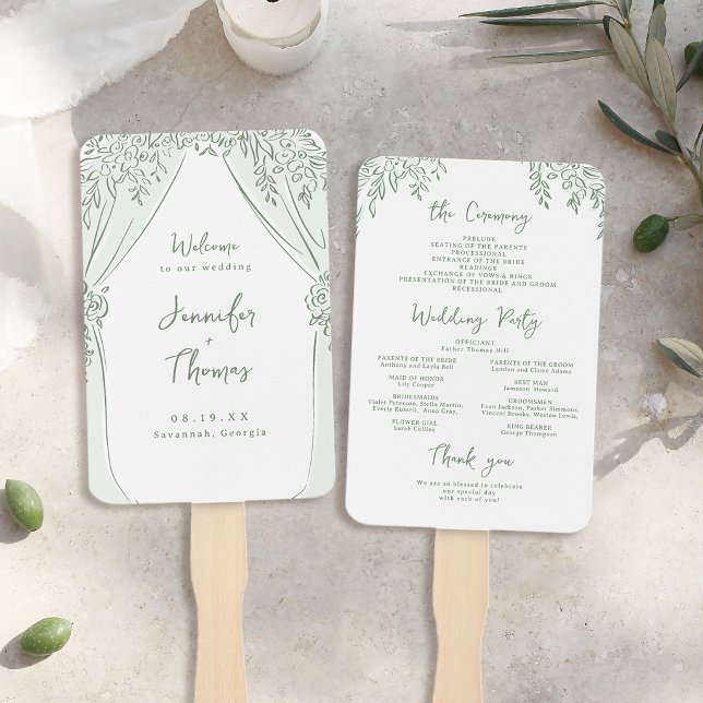 Abanico Programas de Boda Caprichosos Arco Floral Sage (Sage Floral Arch Whimsical Wedding Programs Hand Fan)