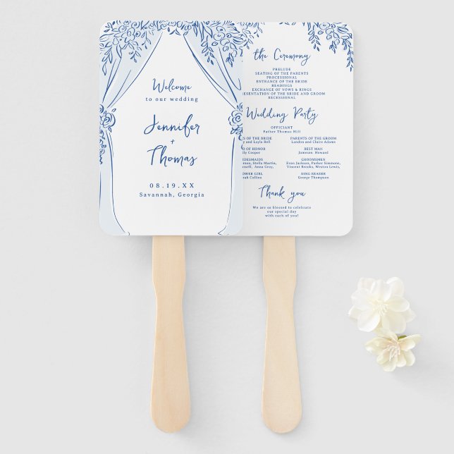 Abanico Programas de Boda Caprichosos con Arco Floral Azul (Anverso y reverso)